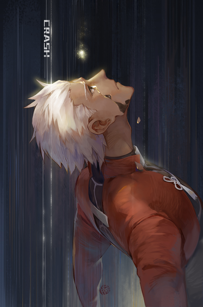 1boy archer cracked_skin crying dark_skin dark_skinned_male fate/stay_night fate_(series) guttia highres jacket looking_up red_jacket solo sparkle tears upper_body white_hair