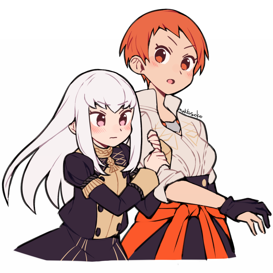 2girls arm_hug artist_name closed_mouth commentary_request do_m_kaeru fire_emblem fire_emblem:_three_houses garreg_mach_monastery_uniform gloves leonie_pinelli long_hair long_sleeves lysithea_von_ordelia multiple_girls open_mouth orange_eyes orange_hair pink_eyes short_hair simple_background uniform upper_body white_background white_hair