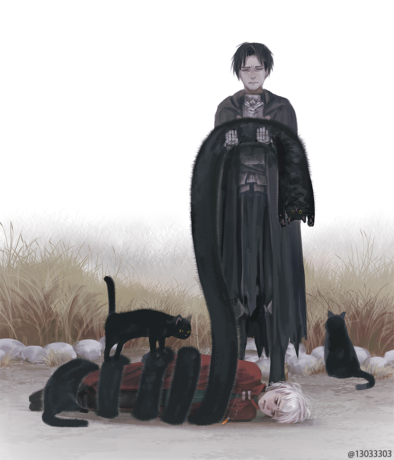 2boys animal arizuka_(13033303) armor black_cat black_cloak black_hair bound cat cloak closed_eyes closed_mouth gauntlets jewelry lying male_focus multiple_boys necklace on_side open_eyes original outdoors red_cloak red_eyes rock sitting standing tied_up upside-down white_hair