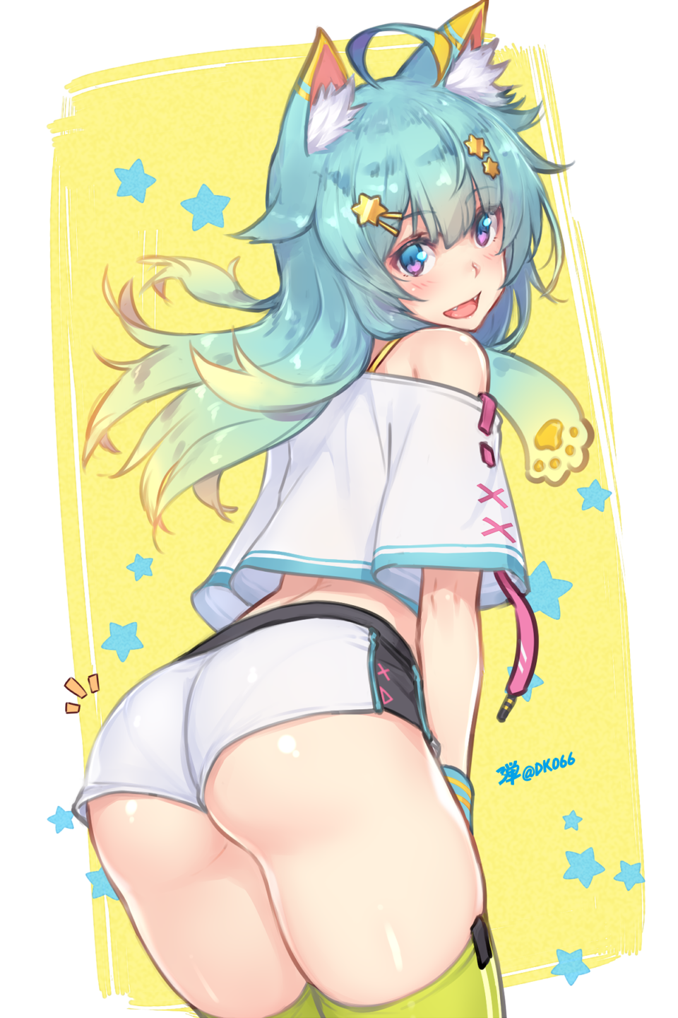 1girl :d ahoge animal_ear_fluff animal_ears aqua_hair ass bare_shoulders blonde_hair blue_eyes bra_strap cat_ears commentary_request crop_top crop_top_overhang dan_(kumadan) drawstring fangs gradient_hair green_legwear hair_ornament hairclip highres lanmewko leaning_forward long_hair looking_at_viewer midriff multicolored multicolored_eyes multicolored_hair notice_lines off-shoulder_shirt off_shoulder open_mouth original revision shirt short_shorts short_sleeves shorts smile solo standing star star_hair_ornament sweatband thigh-highs thighs twitter_username violet_eyes virtual_youtuber white_shirt white_shorts