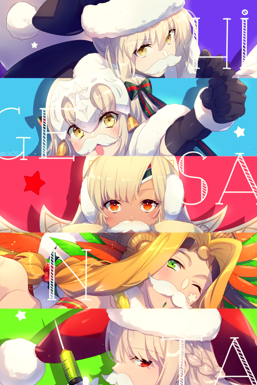 5girls altera_(fate) altera_the_santa artoria_pendragon_(all) bangs bell black_gloves black_headwear black_legwear black_santa_costume blonde_hair blush bow braid breasts capelet chin_piercing cis05 dark_skin earmuffs elbow_gloves fake_facial_hair fake_mustache fate/grand_order fate_(series) feathers florence_nightingale_(fate/grand_order) florence_nightingale_santa_(fate/grand_order) fur-trimmed_capelet fur_trim gloves green_bow green_eyes hair_between_eyes hair_intakes hat headband headdress headpiece holding holding_syringe jeanne_d'arc_(fate)_(all) jeanne_d'arc_alter_santa_lily long_hair looking_at_viewer mittens multiple_girls one_eye_closed open_mouth parted_bangs pink_hair quetzalcoatl_(fate/grand_order) quetzalcoatl_(samba_santa)_(fate) red_eyes red_headwear sack santa_alter santa_costume santa_hat short_hair sidelocks smile star striped striped_bow syringe veil white_capelet white_mittens yellow_eyes