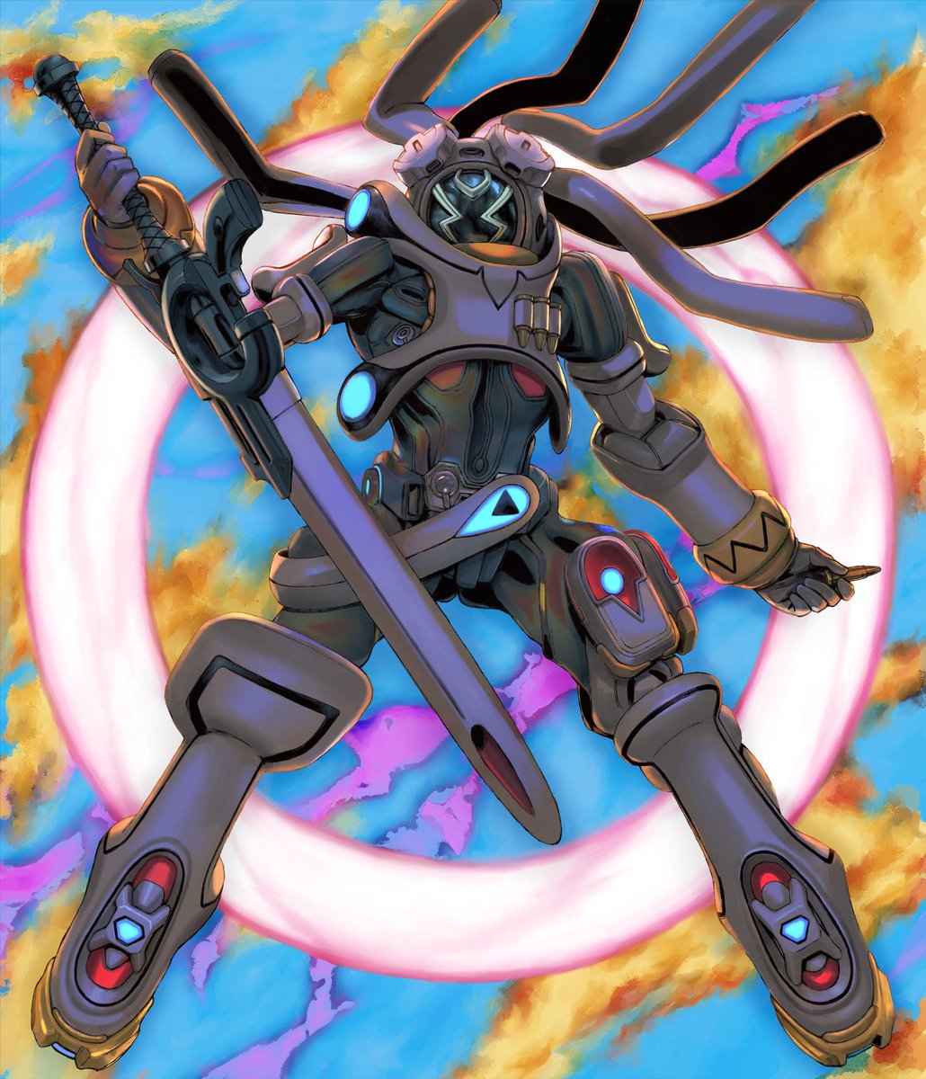 bullet floating glowing gunblade highres holding holding_bullet holding_sword holding_weapon king_gainer mecha overman_king_gainer pose sword weapon yasuda_akira