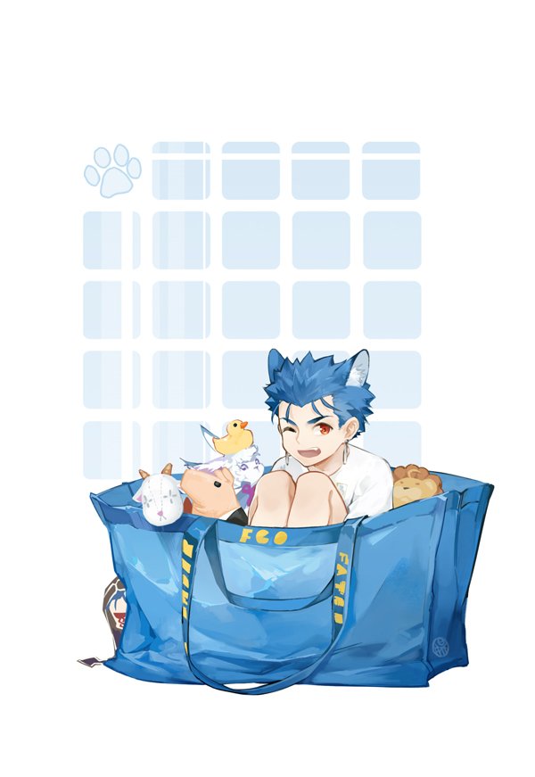 1boy animal_ears bag blue_hair child cu_chulainn_(fate)_(all) dog_ears earrings fate/stay_night fate_(series) fou_(fate/grand_order) guttia hood hood_up jewelry lancer male_focus mini_cu-chan paw_print red_eyes rubber_duck short_hair sitting solo_focus stuffed_animal stuffed_lion stuffed_toy