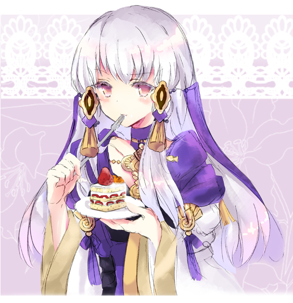 1girl cake closed_mouth eating fire_emblem fire_emblem:_three_houses food fork hair_ornament holding holding_fork holding_plate houkiri_nemu long_hair long_sleeves lysithea_von_ordelia pink_eyes plate solo upper_body white_hair