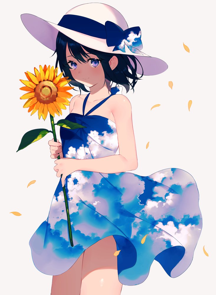 1girl achiki bangs bare_arms bare_shoulders black_hair blue_bow blue_eyes bow breasts cloud_print collarbone dress flower hat hat_bow holding holding_flower looking_at_viewer original petals print_dress short_hair simple_background sky_print sleeveless sleeveless_dress small_breasts smile solo standing sun_hat sunflower symbol_commentary wind