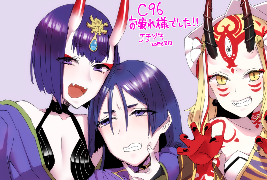3girls bangs bare_shoulders blonde_hair blush bob_cut bodysuit breasts chichizuki_(manman-ya) claw_pose collarbone eyeliner facial_mark fangs fate/grand_order fate_(series) fingernails forehead forehead_mark grin hair_pulled_back headpiece horns ibaraki_douji_(fate/grand_order) japanese_clothes kimono long_hair long_sleeves looking_at_viewer makeup minamoto_no_raikou_(fate/grand_order) multiple_girls oni oni_horns open_mouth parted_bangs pointy_ears purple_bodysuit purple_hair purple_kimono revealing_clothes ribbed_sleeves sharp_fingernails short_eyebrows short_hair shuten_douji_(fate/grand_order) simple_background skin-covered_horns small_breasts smile tattoo very_long_hair violet_eyes yellow_eyes yellow_kimono