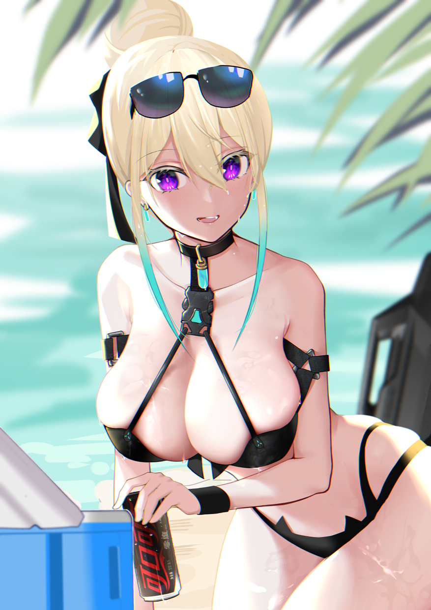 1girl bare_shoulders bikini black_bikini blonde_hair blurry blurry_background can cat_ear_bikini choker collarbone cooler cowboy_shot depth_of_field earrings eyewear_on_head gradient_hair hair_between_eyes hair_bun hair_ribbon halterneck highres holding holding_can jewelry leaning_forward long_hair looking_at_viewer multi-strapped_bikini multicolored_hair open_mouth original outdoors ribbon skindentation smile soda_can solo sunglasses sweatband swimsuit thighs tied_hair violet_eyes wet xiujia_yihuizi