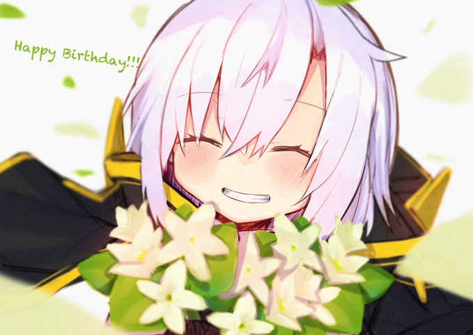 1girl ^_^ ars_almal bangs black_cape blush cape closed_eyes daifukumochi_(akaaokiiwo) eyebrows_visible_through_hair facing_viewer flower grin hair_between_eyes happy_birthday hood hood_down hooded_cape nijisanji petals silver_hair smile solo upper_body virtual_youtuber white_flower