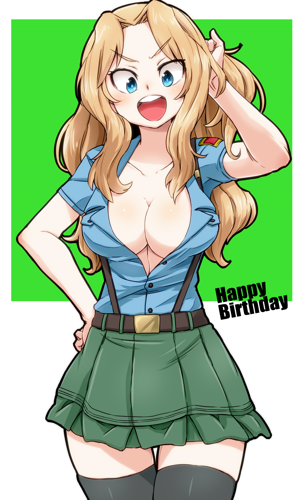 1girl :d aono3 aoshidan_school_uniform belt black_belt black_legwear blonde_hair blue_eyes blue_shirt breasts collared_shirt commentary english_text girls_und_panzer green_skirt hair_intakes hand_in_hair hand_on_hip happy_birthday highres kay_(girls_und_panzer) large_breasts long_hair looking_at_viewer open_mouth partially_unbuttoned school_uniform shirt skindentation skirt smile solo spanish_flag standing suspender_skirt suspenders thigh-highs thigh_gap v-shaped_eyebrows