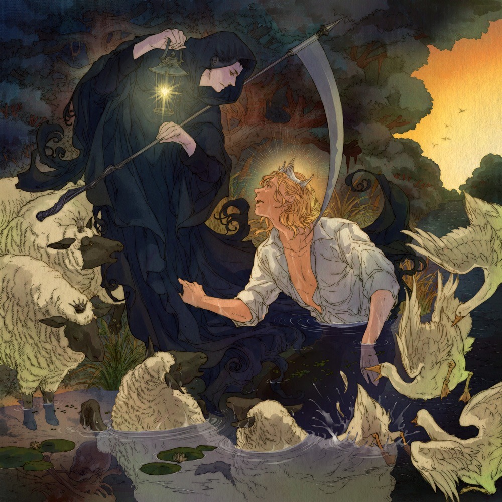 2boys bird black_hair blonde_hair cloak crown death_(entity) el_shaddai enoch goose grim_reaper holding holding_scythe ichino_(1no) lantern lily_pad looking_at_another lucifel_(el_shaddai) male_focus multiple_boys partially_submerged scythe sheep shirt transformation water wet wet_clothes wet_shirt white_shirt