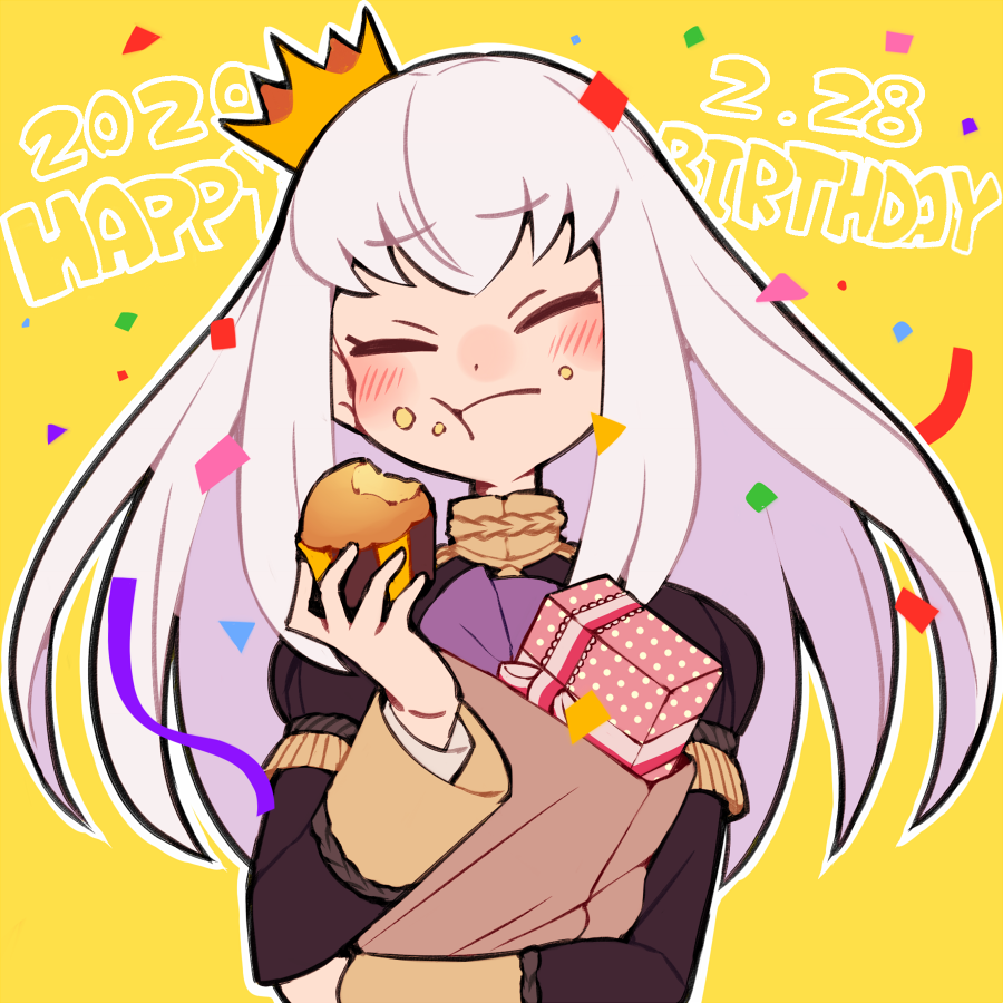 1girl bag box closed_eyes closed_mouth confetti crown dated do_m_kaeru eating fire_emblem fire_emblem:_three_houses food food_on_face garreg_mach_monastery_uniform gift gift_box happy_birthday holding long_hair long_sleeves lysithea_von_ordelia paper_bag simple_background solo uniform upper_body white_hair yellow_background
