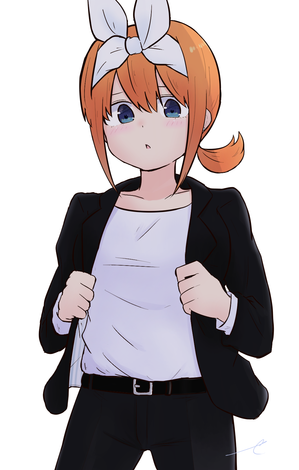 1girl :&lt; bangs belt belt_buckle black_belt black_jacket black_pants blue_eyes blush buckle collarbone eyebrows_behind_hair go-toubun_no_hanayome hair_between_eyes hair_ribbon highres jacket kujou_karasuma long_sleeves nakano_yotsuba open_clothes open_jacket orange_hair pants parted_lips ribbon shirt sidelocks signature simple_background solo triangle_mouth white_background white_ribbon white_shirt