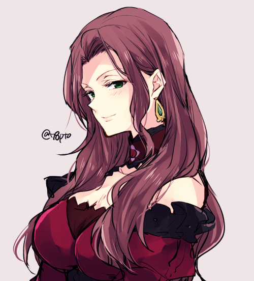 1girl brown_hair closed_mouth dorothea_arnault earrings fire_emblem fire_emblem:_three_houses green_eyes jewelry long_hair naho_(pi988y) simple_background smile solo twitter_username upper_body