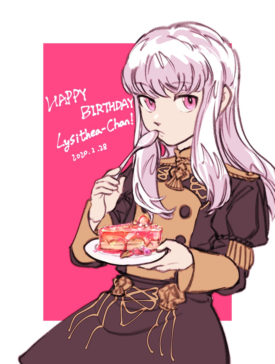 1girl cake character_name closed_mouth dated fire_emblem fire_emblem:_three_houses food garreg_mach_monastery_uniform happy_birthday highres holding holding_spoon long_hair long_sleeves lysithea_von_ordelia pink_eyes plate sdkafka simple_background solo spoon uniform white_hair