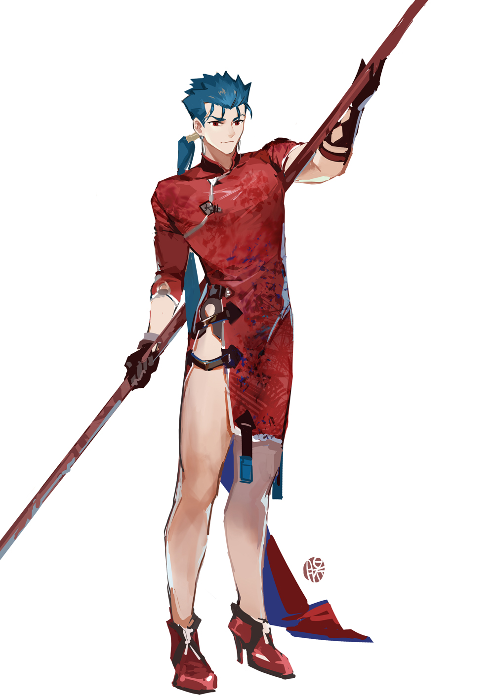 1boy blue_hair china_dress chinese_clothes cu_chulainn_(fate)_(all) dress fate/stay_night fate_(series) gloves guttia highres holding holding_spear holding_weapon lancer long_sleeves polearm ponytail red_eyes side_slit solo spear weapon