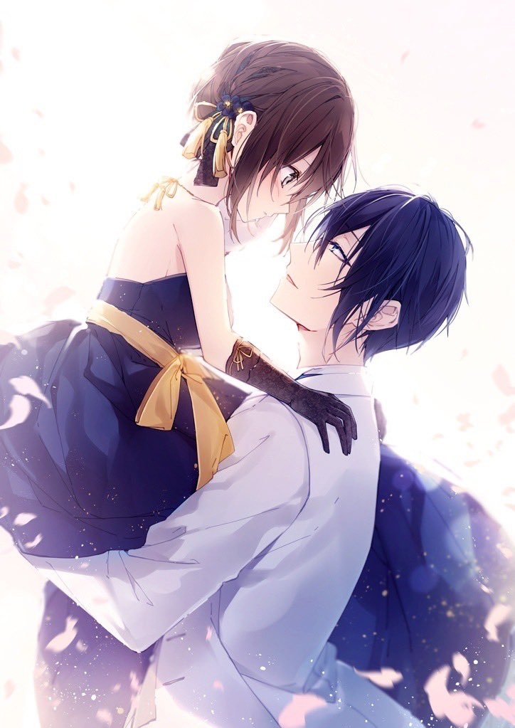 1boy 1girl bangs black_gloves blue_dress blue_eyes blue_flower blue_hair braid brown_hair commentary_request dress elbow_gloves eye_contact eyebrows_visible_through_hair female_saniwa_(touken_ranbu) flower formal gloves hair_between_eyes hair_flower hair_ornament jacket lifting_person looking_at_another mikazuki_munechika mochizuki_shiina parted_lips petals profile saniwa_(touken_ranbu) short_hair sleeveless sleeveless_dress suit touken_ranbu white_jacket