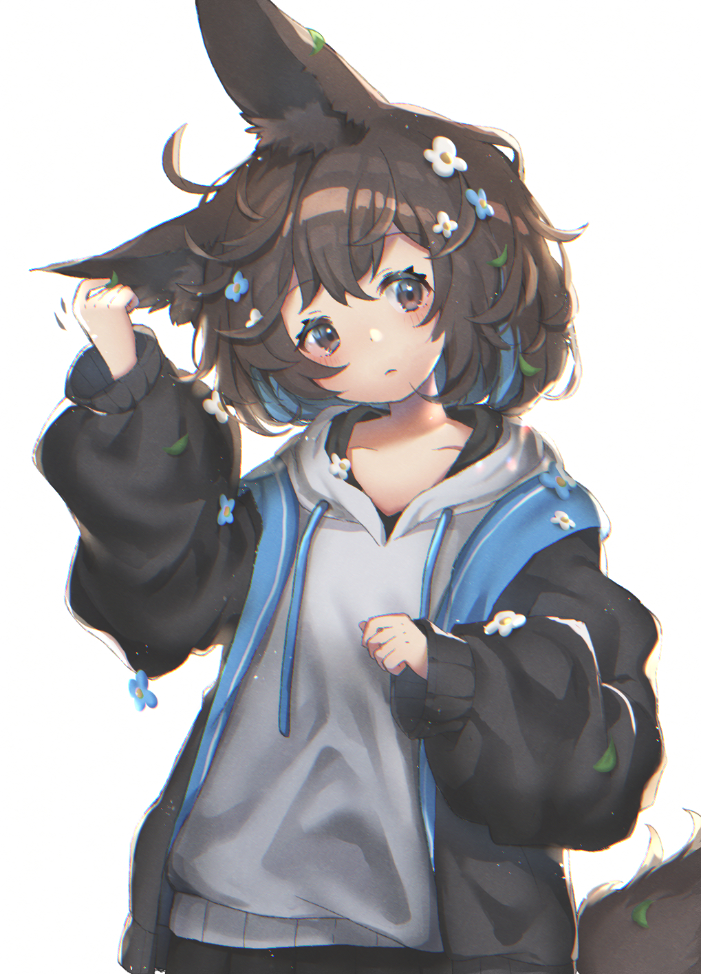 1girl animal_ear_fluff animal_ears arm_up bangs black_jacket black_skirt blue_flower blue_hair blush brown_eyes brown_hair commentary_request drawstring eyebrows_visible_through_hair flower grey_hoodie hair_between_eyes hair_flower hair_ornament head_tilt highres hood hood_down hoodie jacket komadori_ui leaf leaf_on_head long_sleeves multicolored_hair open_clothes open_jacket original pleated_skirt puffy_long_sleeves puffy_sleeves simple_background skirt sleeves_past_wrists solo tail two-tone_hair white_background white_flower