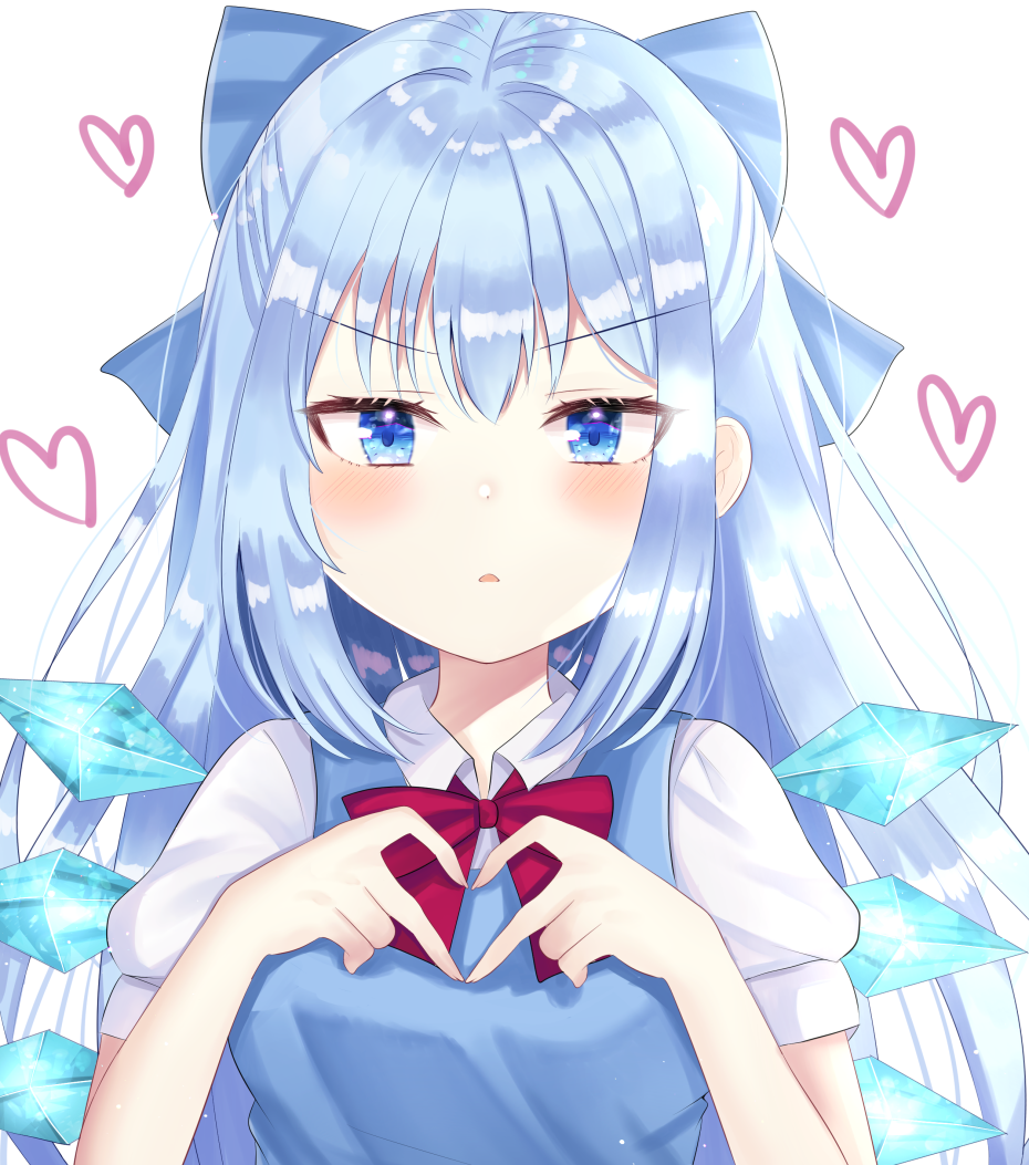 1girl alternate_hair_length alternate_hairstyle blue_dress blue_eyes blue_hair blush bow bowtie breasts cirno dress expressionless hair_bow heart heart_hands long_hair medium_breasts nibosisuzu older parted_lips pinafore_dress puffy_short_sleeves puffy_sleeves red_neckwear shirt short_sleeves simple_background solo standing touhou triangle_mouth upper_body very_long_hair white_background white_shirt