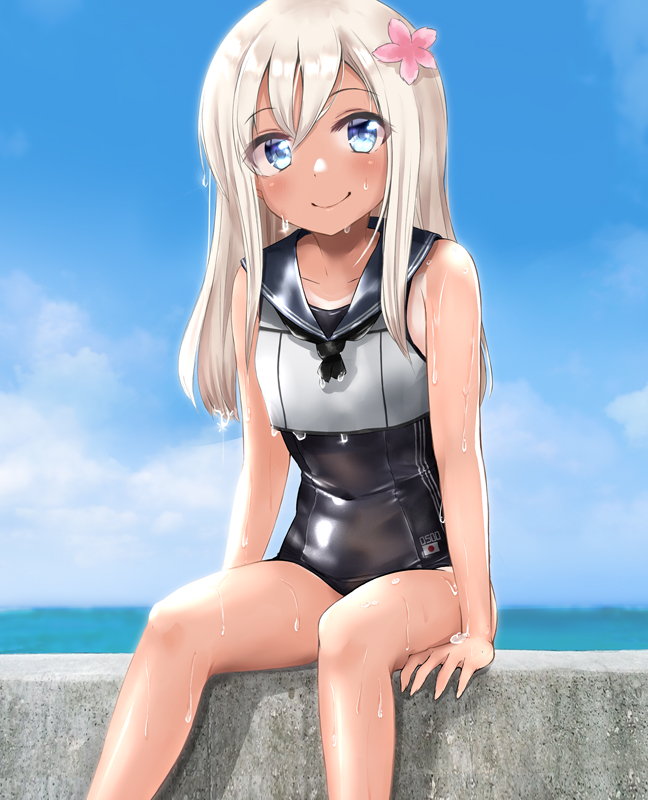 1girl bangs bare_arms bare_legs bare_shoulders blue_eyes blue_sky blush closed_mouth clouds commentary_request crop_top day eyebrows_visible_through_hair flower hair_flower hair_ornament kantai_collection long_hair looking_at_viewer nontraditional_school_swimsuit ocean one-piece_swimsuit one-piece_tan outdoors ro-500_(kantai_collection) sailor_collar sasakura_(calicchio) school_swimsuit school_uniform serafuku sitting sky smile solo swimsuit swimsuit_under_clothes tan tanline water wet white_hair