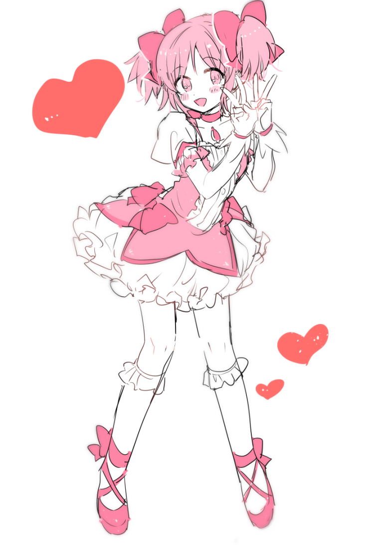 1girl :d ankle_ribbon blush blush_stickers breasts choker collarbone dot_nose double_v eyebrows_visible_through_hair frilled_legwear frilled_skirt frilled_sleeves frills gloves hair_between_eyes hands_up happy heart heart_background kaname_madoka legs_apart mahou_shoujo_madoka_magica open_mouth pink_choker pink_eyes pink_footwear pink_hair pink_neckwear pink_ribbon pipi_o_(pipioo08) puffy_short_sleeves puffy_sleeves ribbon shiny shiny_hair short_sleeves short_twintails simple_background skirt small_breasts smile socks solo soul_gem standing twintails v white_background white_gloves white_legwear white_skirt