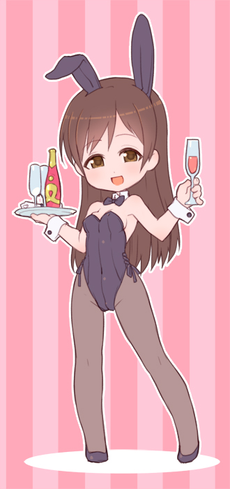 1girl alcohol animal_ears black_legwear black_leotard black_neckwear bottle bow bowtie breasts brown_eyes brown_hair bunnysuit champagne champagne_flute commentary_request cup detached_collar drinking_glass full_body glass idolmaster idolmaster_cinderella_girls leotard long_hair looking_at_viewer medium_breasts nitta_minami pantyhose pink_background rabbit_ears smile solo standing strapless strapless_leotard striped striped_background susagane tray wrist_cuffs