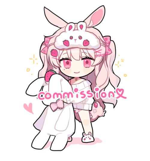 1girl animal_ear_fluff animal_ears animal_slippers bare_shoulders blush bow bunny_slippers chibi closed_mouth colored_shadow commission food_print full_body hair_bow hair_ornament heart long_hair moffle_(ayabi) off_shoulder original panties pink_bow pink_eyes pink_hair pink_panties print_bow print_panties rabbit_ears shadow slippers smile solo standing strawberry_panties strawberry_print stuffed_animal stuffed_bunny stuffed_toy sweater two_side_up underwear very_long_hair white_background white_footwear white_sweater x_hair_ornament