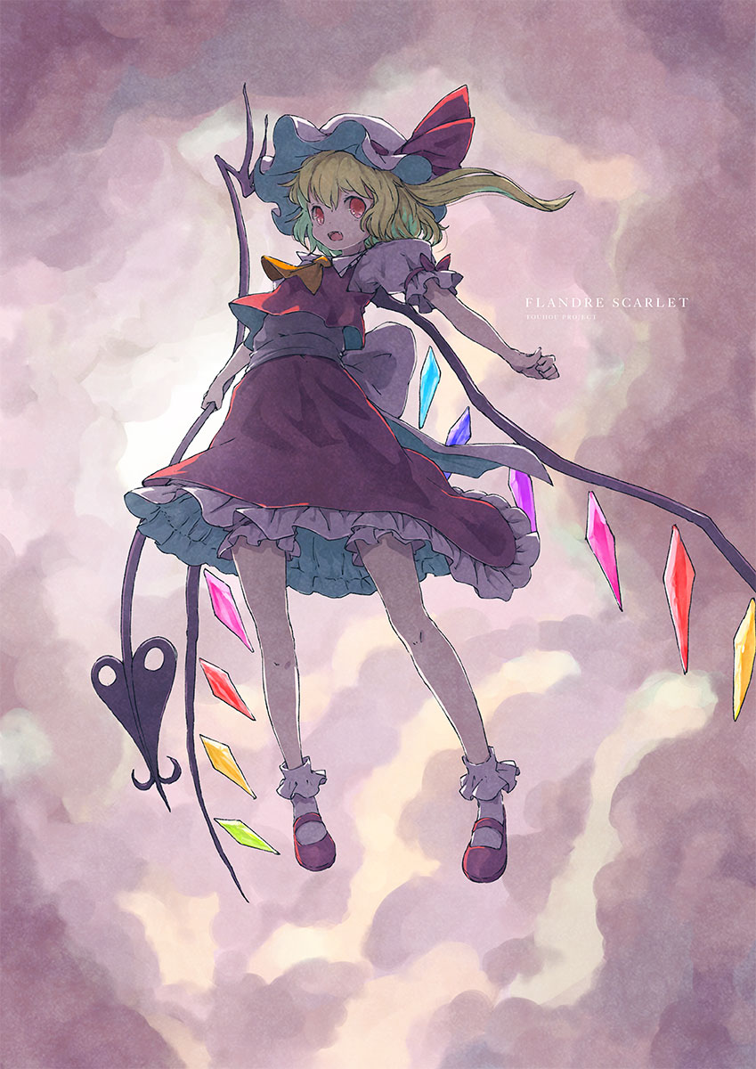 1girl ascot blonde_hair bloomers bow character_name clouds cloudy_sky collared_shirt crystal fangs flandre_scarlet frilled_shirt frilled_shirt_collar frilled_skirt frilled_sleeves frills hat hat_ribbon highres laevatein medium_hair mob_cap open_mouth puffy_short_sleeves puffy_sleeves red_bow red_eyes red_ribbon red_skirt red_vest ribbon ribbon-trimmed_sleeves ribbon_trim satyuas shirt short_sleeves side_ponytail skirt skirt_set sky solo touhou underwear vest white_shirt wings yellow_neckwear