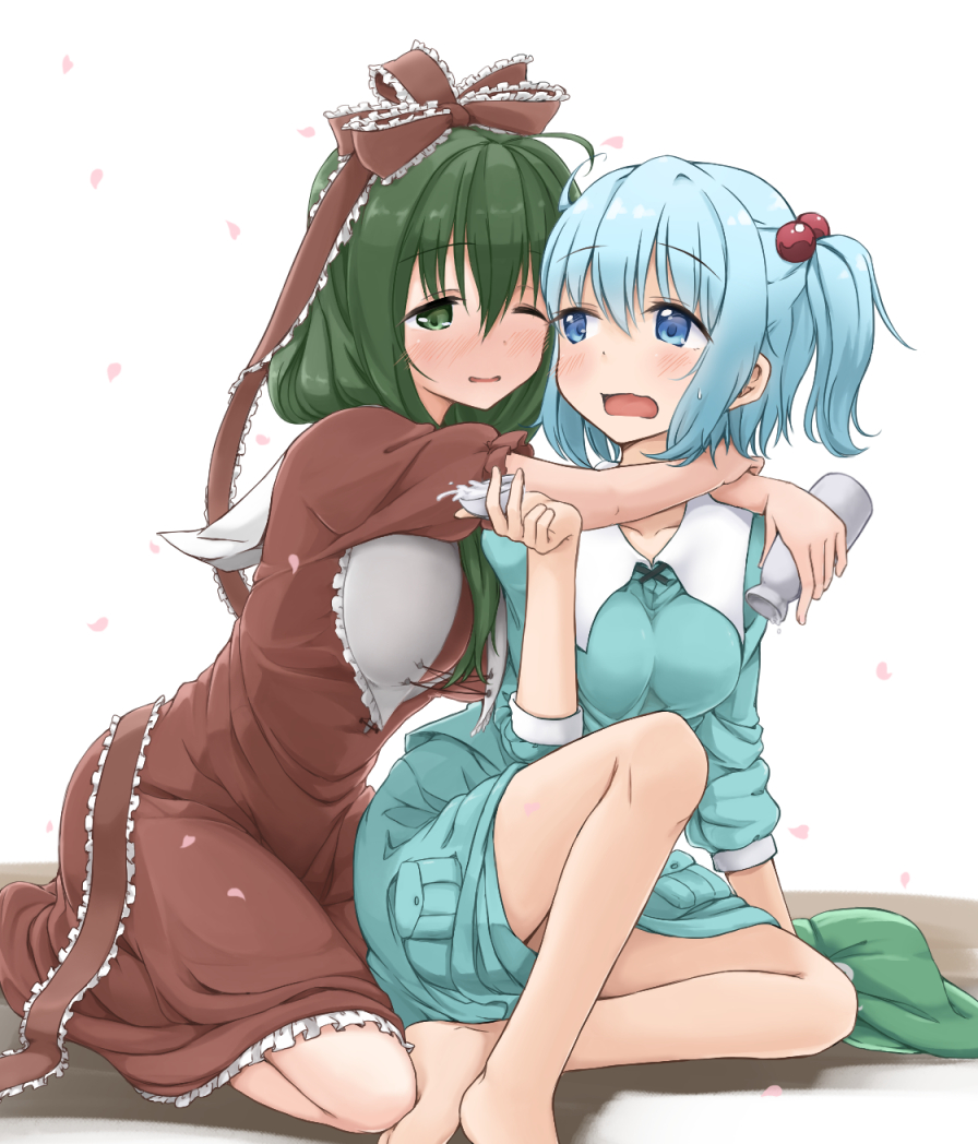 2girls barefoot blue_eyes blue_hair blue_shirt blue_skirt blush bottle breasts choko_(cup) collarbone cup dress drunk eyebrows_visible_through_hair flat_cap front_ponytail green_eyes green_hair hair_between_eyes hair_bobbles hair_ornament hair_ribbon hat hat_removed head_to_head headwear_removed hidarikata holding holding_bottle holding_cup hug hug_from_behind kagiyama_hina kawashiro_nitori knees_up long_hair looking_at_another looking_at_viewer looking_back medium_breasts multiple_girls on_ground one_eye_closed open_mouth parted_lips petals puffy_short_sleeves puffy_sleeves red_dress ribbon seiza shadow shirt short_hair short_sleeves simple_background sitting skirt sleeves_pushed_up spilling tokkuri touhou two_side_up very_long_hair white_background yuri