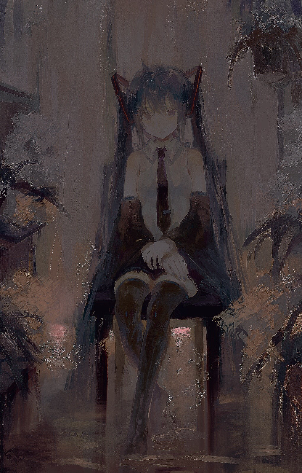 1girl bangs bare_shoulders black_legwear black_neckwear black_skirt blue_eyes blue_hair blue_nails boots breasts chair closed_mouth dark detached_sleeves faux_traditional_media full_body hair_between_eyes hands_on_lap hatsune_miku highres layao long_hair looking_at_viewer medium_breasts necktie shirt sidelocks sitting skirt sleeveless sleeveless_shirt smile solo thigh-highs thigh_boots twintails very_long_hair vocaloid white_shirt zettai_ryouiki