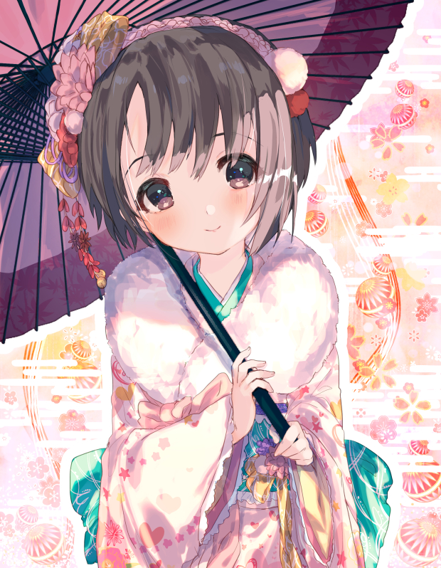 1girl ball bangs blush bow closed_mouth egasumi flower fur_trim grey_eyes grey_hair hair_bow hair_flower hair_ornament hairband head_tilt holding holding_umbrella idolmaster idolmaster_cinderella_girls japanese_clothes kanzashi kimono long_sleeves looking_at_viewer obi orange_background oriental_umbrella otokura_yuuki pink_kimono pom_pom_(clothes) sash short_hair smile social_kasu_(mob_oji_katu) solo swept_bangs umbrella wide_sleeves yellow_bow