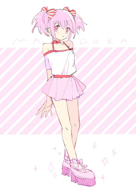 1girl alternate_costume alternate_hair_ornament arms_behind_back bare_legs bare_shoulders blush character_name dot_nose expressionless eyebrows_visible_through_hair full_body hair_between_eyes hair_ribbon kaname_madoka looking_at_viewer mahou_shoujo_madoka_magica miniskirt off_shoulder parted_lips pink_background pink_eyes pink_footwear pink_hair pink_ribbon pink_skirt pipi_o_(pipioo08) platform_footwear pleated_skirt ribbon shirt short_twintails sidelocks simple_background skirt solo spaghetti_strap sparkle sparkle_background standing striped striped_background striped_ribbon twintails two-tone_background white_background white_shirt