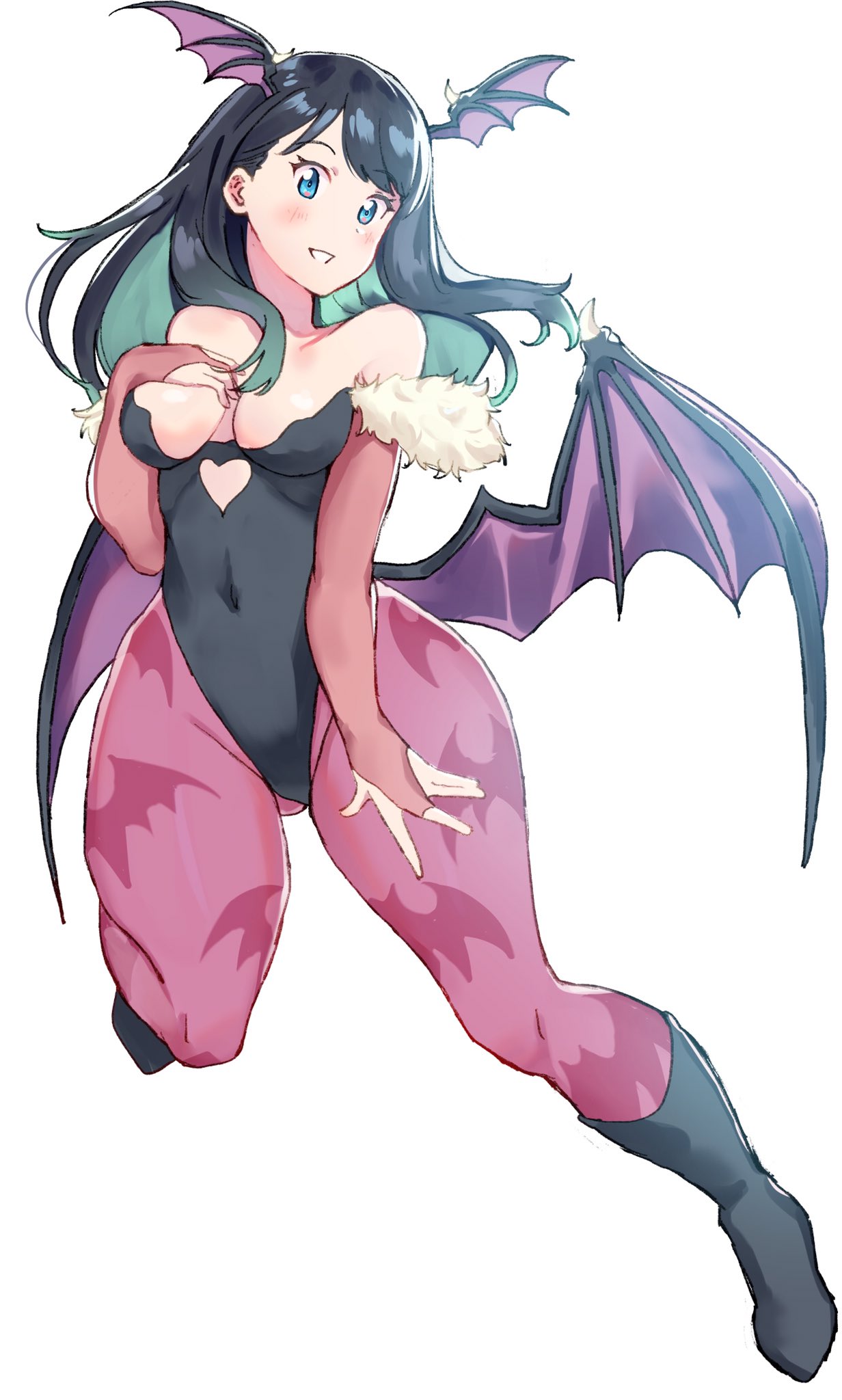 1girl animal_print arigiep bangs bare_shoulders bat_print bat_wings black_hair blue_eyes blush breasts bridal_gauntlets cosplay head_wings heart_cutout highres large_breasts leotard long_hair looking_at_viewer morrigan_aensland morrigan_aensland_(cosplay) pantyhose parted_lips print_legwear smile solo ssss.gridman straight_hair takarada_rikka vampire_(game) wings