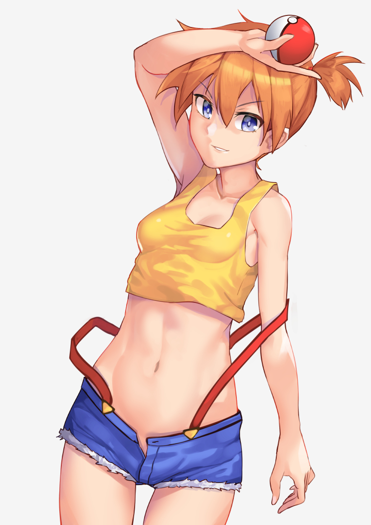 1girl blue_eyes breasts gym_leader hank10111213 kasumi_(pokemon) looking_at_viewer midriff navel open_mouth orange_hair poke_ball pokemon pokemon_(anime) pokemon_(game) pokemon_rgby short_hair shorts side_ponytail simple_background smile solo strap_slip suspenders