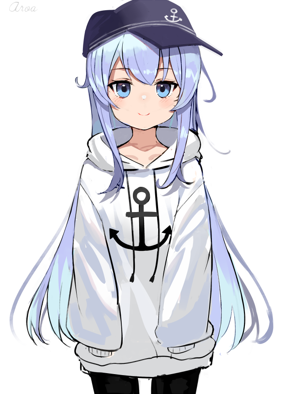 1girl alternate_costume anchor_print anchor_symbol blue_eyes blush flat_cap hair_between_eyes hat hibiki_(kantai_collection) kantai_collection long_hair long_sleeves moyasi3409854 silver_hair simple_background smile solo thigh-highs white_background white_hoodie