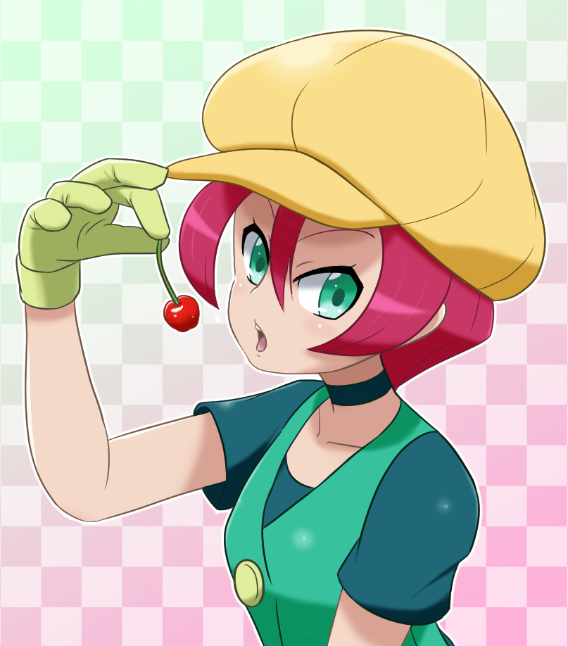 1girl breasts cabbie_hat cherry food fruit gloves green_eyes hat langley_(pokemon) looking_at_viewer mori_hayaki open_mouth pink_hair pokemon pokemon_(anime) short_hair solo