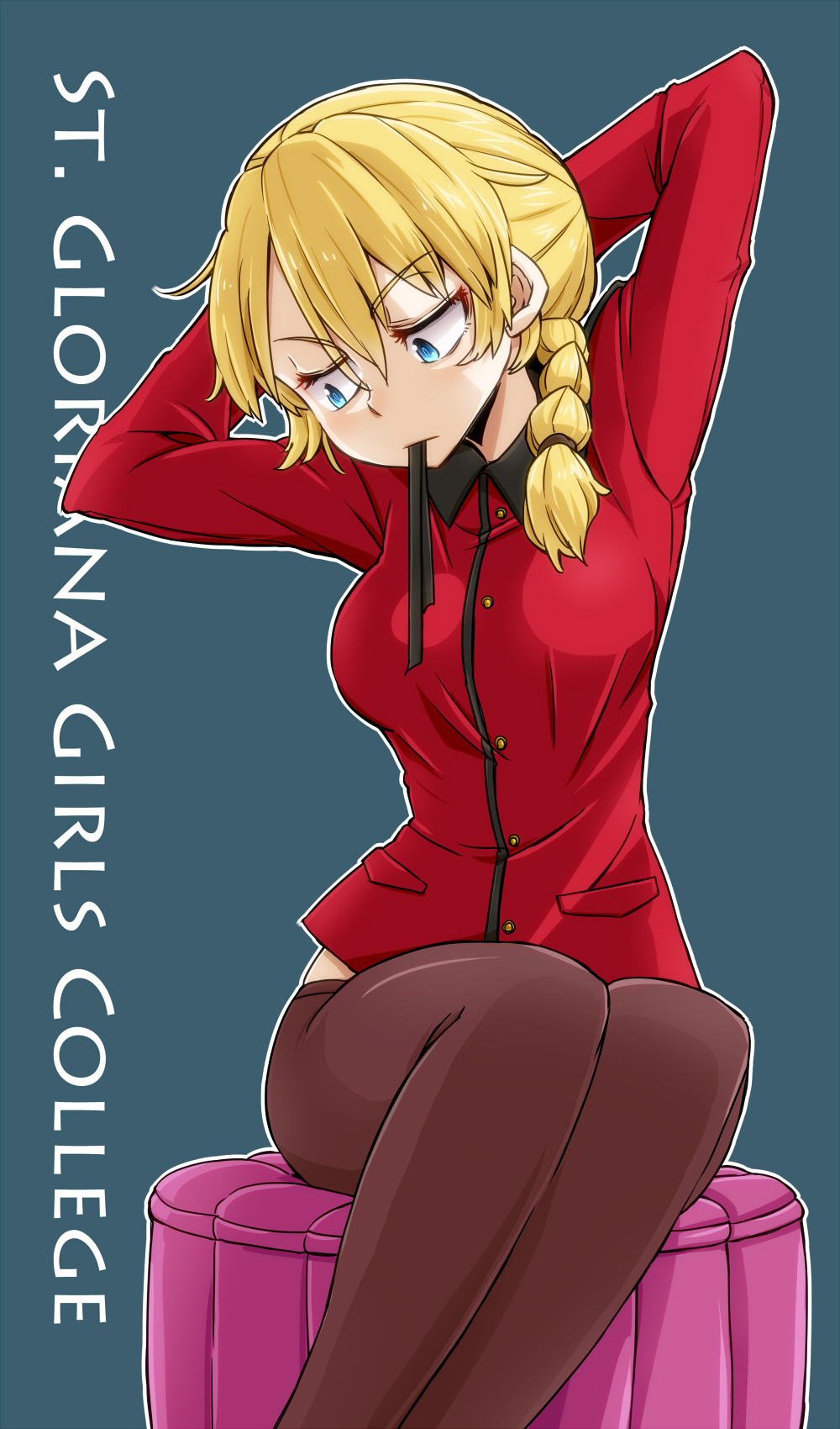 1girl aono3 arms_behind_head arms_up bangs black_legwear blonde_hair blue_eyes braid chair closed_mouth commentary darjeeling_(girls_und_panzer) dressing english_text eyebrows_visible_through_hair girls_und_panzer hair_over_shoulder hair_tie_in_mouth half-closed_eyes highres jacket leaning_to_the_side legs_together long_sleeves mouth_hold no_pants outline pantyhose red_jacket sitting solo st._gloriana's_military_uniform white_outline