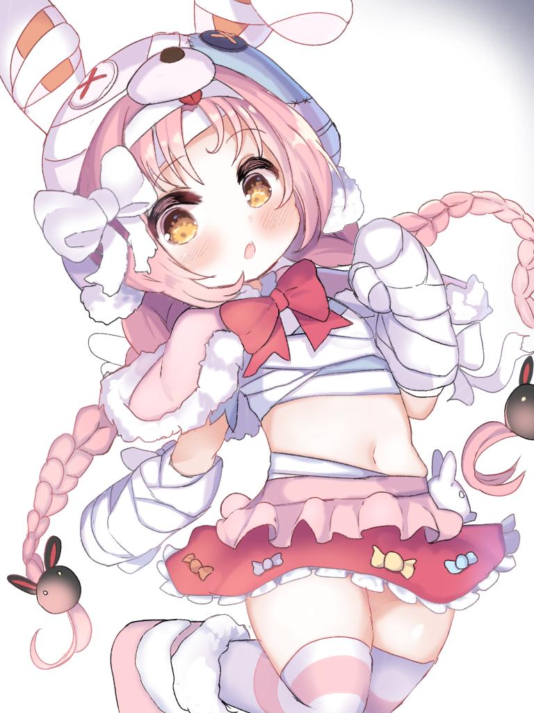 1girl akane_mimi animal_ears animal_hat bandaged_hands bandages bangs blush boots bow braid brown_eyes bunny_hair_ornament bunny_hat capelet eyebrows_visible_through_hair fake_animal_ears frilled_skirt frills fur-trimmed_boots fur-trimmed_capelet fur_trim hair_bow hair_ornament hat long_hair looking_at_viewer low_twintails navel parted_lips pink_capelet pink_footwear pink_hair princess_connect! princess_connect!_re:dive rabbit_ears red_bow red_skirt simple_background skirt solo standing standing_on_one_leg striped striped_legwear thigh-highs twin_braids twintails very_long_hair white_background white_bow yinpa_(wanone500511)