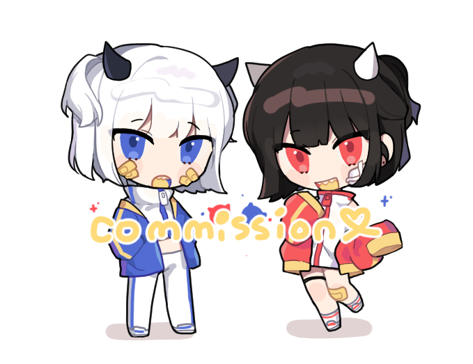 2girls :d bandaid bandaid_on_cheek bandaid_on_knee bangs black_hair blue_eyes blue_jacket blush chibi commission eyebrows_visible_through_hair hands_in_pockets horns jacket long_sleeves moffle_(ayabi) multiple_girls open_clothes open_jacket open_mouth original pants red_eyes red_jacket shadow sharp_teeth shoes sleeves_past_fingers sleeves_past_wrists smile socks standing standing_on_one_leg teeth two_side_up white_background white_footwear white_hair white_jacket white_legwear white_pants