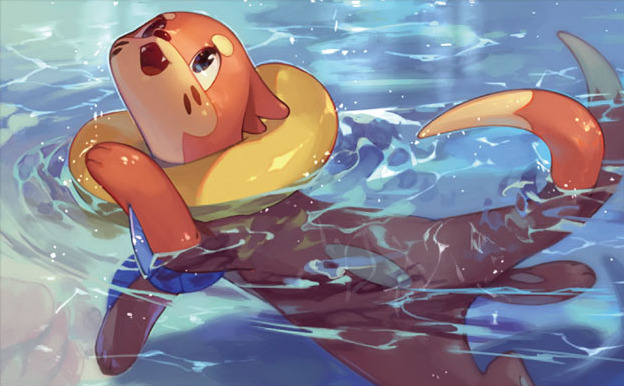 afloat blue_eyes buizel commentary creature english_commentary fangs full_body gen_4_pokemon looking_up multiple_sources no_humans official_art partially_submerged pokemon pokemon_(creature) pokemon_trading_card_game so-taro solo swimming water