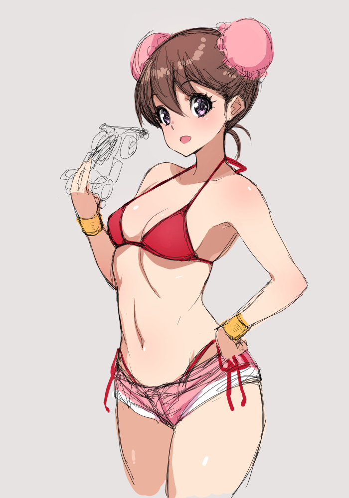 1girl bikini bracer breasts brown_hair bun_cover character_request commentary_request copyright_request double_bun hand_on_hip navel pink_shorts poin red_bikini short_hair short_shorts shorts sketch small_breasts solo spaghetti_strap swimsuit violet_eyes