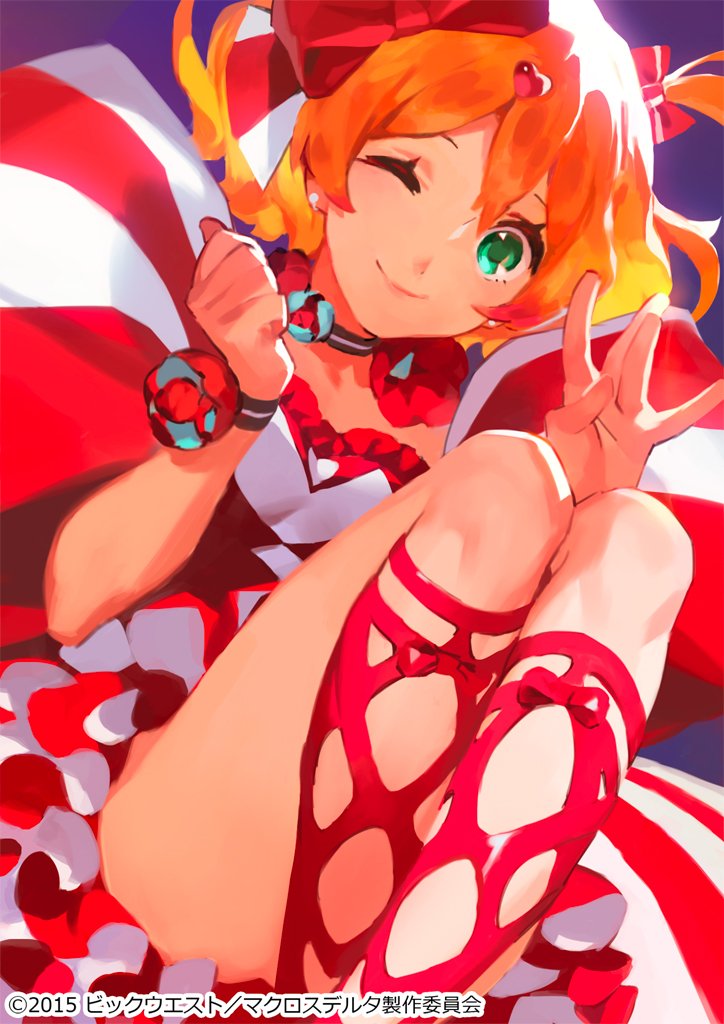 bow choker dress freyja_wion frilled_dress frills green_eyes hair_bow hand_gesture hands_up heart looking_at_viewer macross macross_delta mita_chisato multicolored multicolored_clothes multicolored_dress multiple_hair_bows one_eye_closed orange_hair red_dress redhead short_hair smile striped striped_dress thighs white_dress wrist_flower