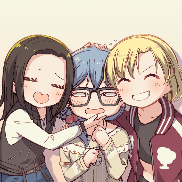 3girls =_= ^_^ asahi_rokka ayasaka bang_dream! bangs beige_background black-framed_eyewear black_hair black_shirt black_vest blonde_hair blue_hair bracelet closed_eyes commentary_request crop_top facing_viewer flying_sweatdrops glasses grin group_picture hair_over_shoulder hand_on_another's_chin hand_on_another's_head heart-shaped_mouth jacket jewelry long_hair long_sleeves low-tied_long_hair multiple_girls no_bangs parted_hair print_scrunchie red_jacket satou_masuki scrunchie shirt short_hair smile star star_print track_jacket upper_body v-shaped_eyebrows vest wakana_rei white_shirt
