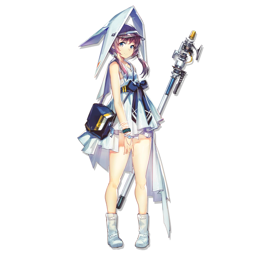 1girl arknights bag bangs bare_arms bare_legs bare_shoulders blue_bow blue_eyes blue_sash boots bow dress full_body handbag hat long_hair looking_at_viewer low_twintails official_art purestream_(arknights) purple_hair short_dress sleeveless sleeveless_dress smile solo staff standing thighs transparent_background twintails white_dress white_footwear yui_(niikyouzou)