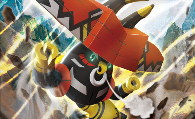 commentary creature english_commentary gen_7_pokemon green_eyes legendary_pokemon looking_at_viewer multiple_sources no_humans official_art pokemon pokemon_(creature) pokemon_trading_card_game rock shirai_satoshi solo tapu_bulu third-party_source