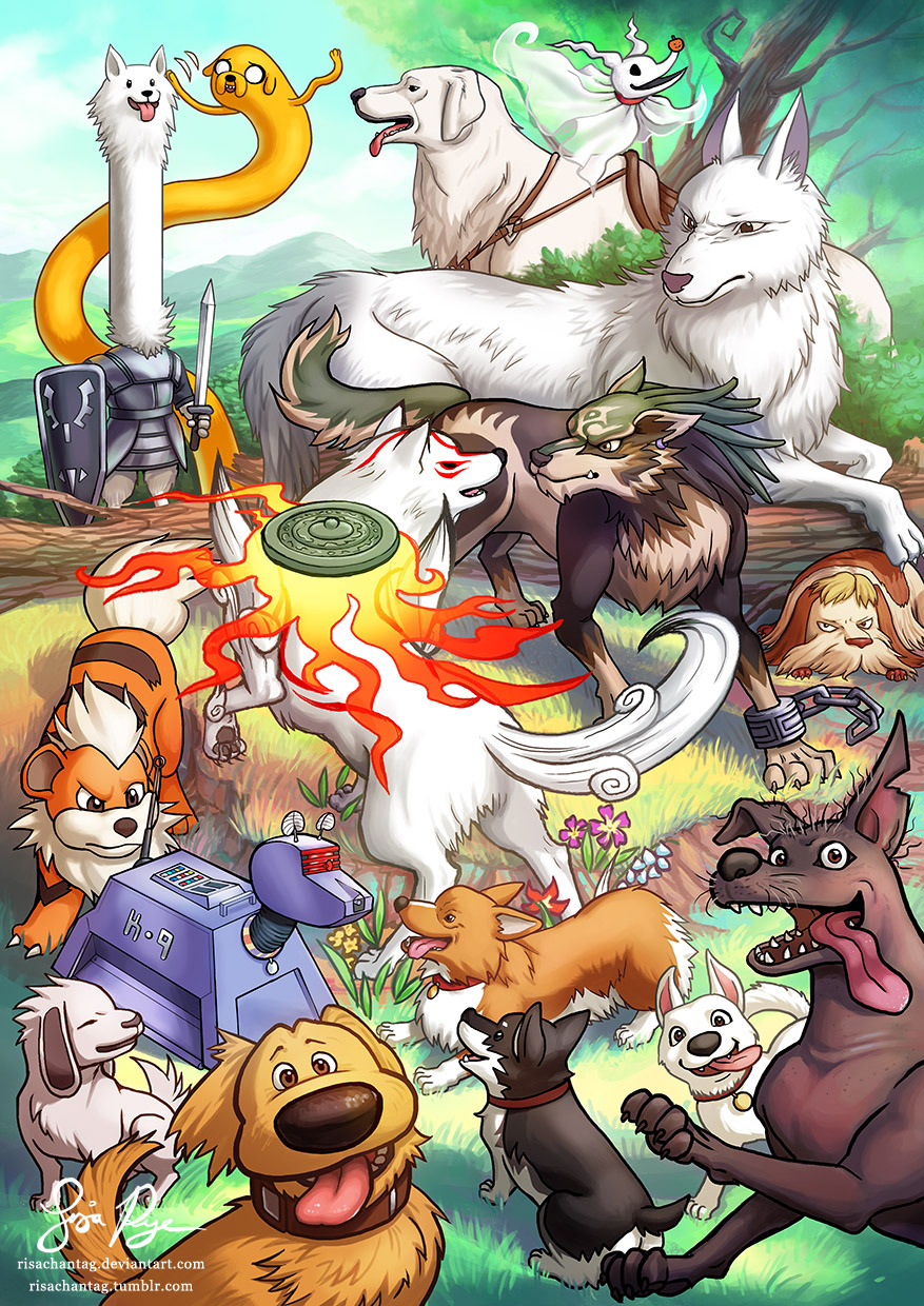 adventure_time akamaru_(naruto) amaterasu avatar_(series) blue_sky brown_eyes closed_eyes coco_(disney) commentary cowboy_bebop creature crossover day doctor_who dogs:_bullets_&amp;_carnage ein_(cowboy_bebop) english_commentary eye_contact fangs flower gen_1_pokemon grass growlithe highres jake_the_dog looking_at_another looking_at_viewer lying mononoke_hime naruto naruto_(series) no_humans on_stomach ookami_(game) outdoors pixar pokemon pokemon_(creature) risachantag rwby sen_to_chihiro_no_kamikakushi sky standing the_legend_of_korra the_legend_of_zelda the_nightmare_before_christmas tongue tongue_out too_many_dogs tree undertale up watermark web_address wolf