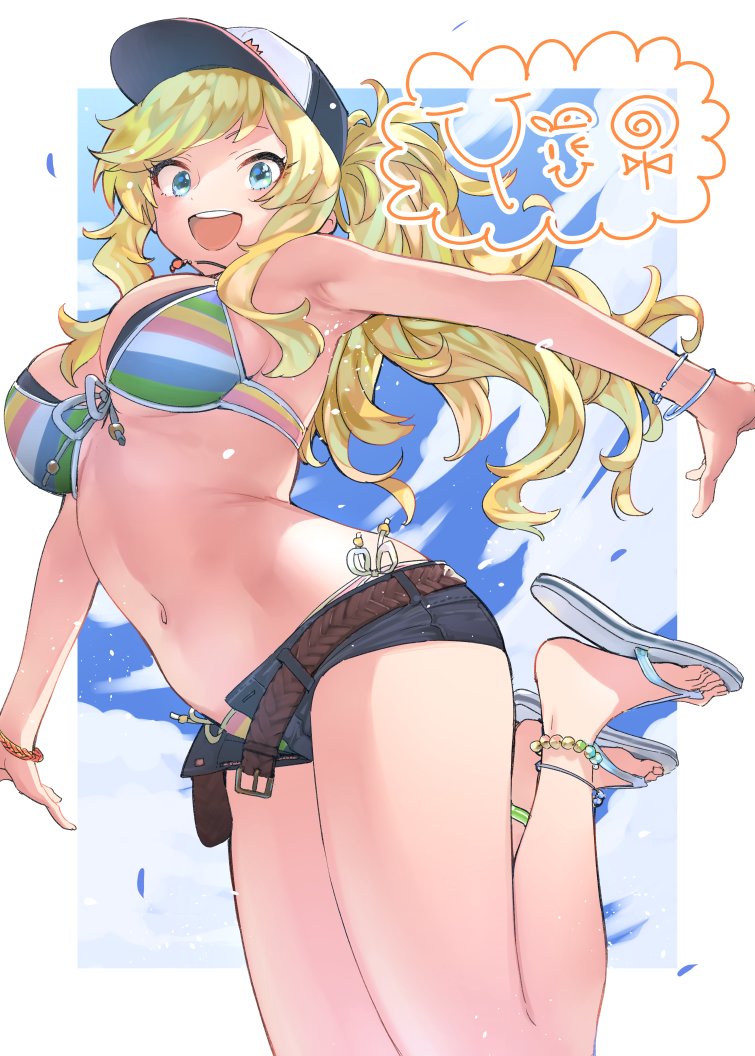 1girl anklet arched_back bangs baseball_cap bikini blonde_hair blue_eyes blush bracelet breasts commentary_request denim denim_shorts eyebrows_behind_hair front-tie_bikini front-tie_top goshiki_suzu hat idolmaster idolmaster_cinderella_girls jewelry jumping long_hair looking_at_viewer multicolored multicolored_bikini multicolored_clothes navel necklace ootsuki_yui open_mouth outstretched_arms sandals short_shorts shorts smile solo spread_arms striped striped_bikini swept_bangs swimsuit wavy_hair