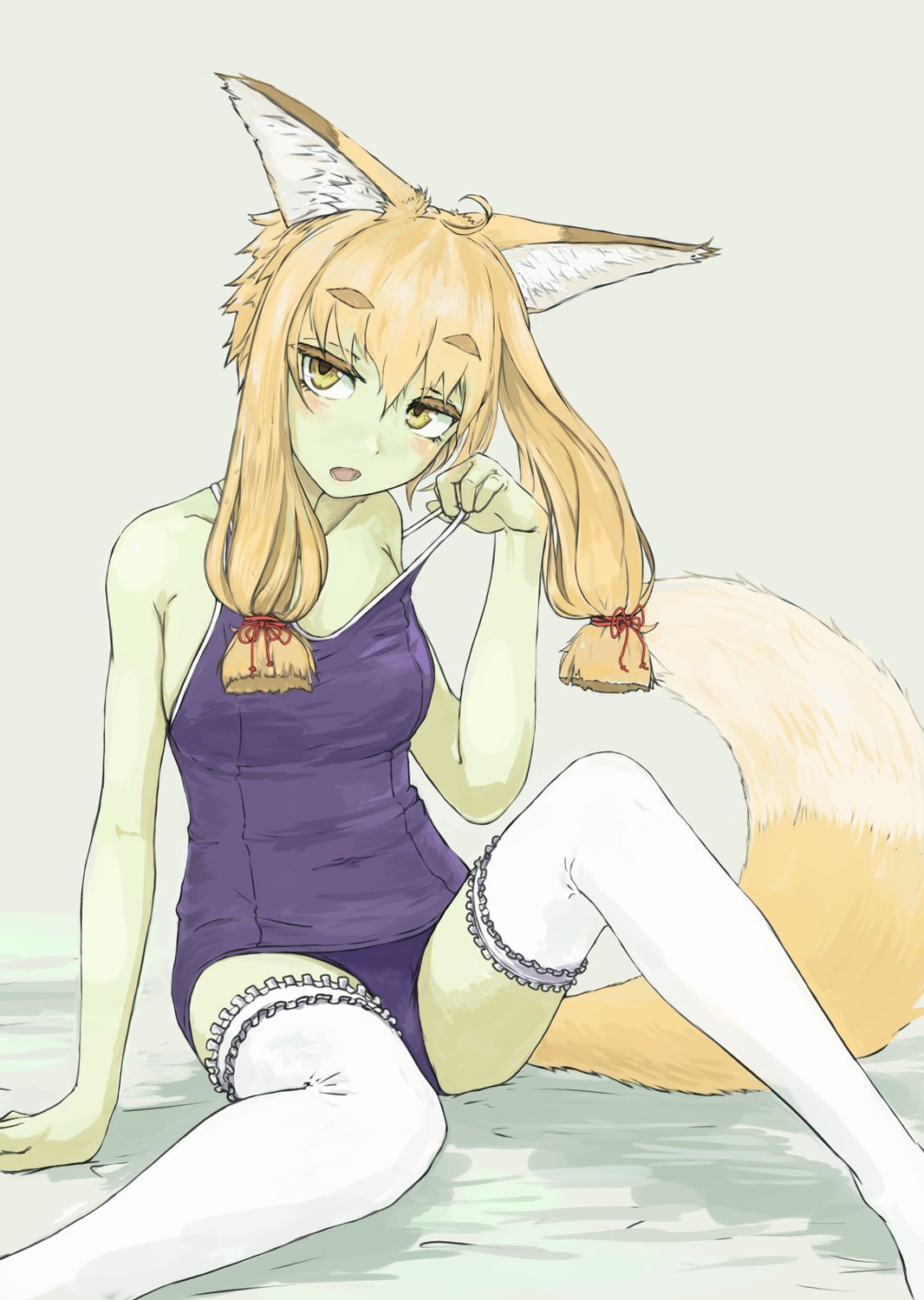 1girl animal_ears bangs blonde_hair blue_swimsuit commentary eyebrows_visible_through_hair fox_ears fox_girl fox_tail garters hair_tie highres looking_at_viewer nito_(nshtntr) old_school_swimsuit open_mouth original school_swimsuit short_hair_with_long_locks sitting solo strap_slip swimsuit swimsuit_pull tail thigh-highs white_legwear yellow_eyes