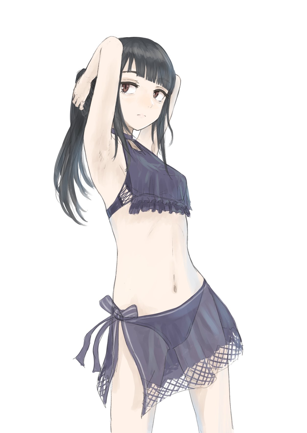 1girl armpits arms_up bangs bikini black_bikini black_eyes black_hair black_sarong blunt_bangs breasts closed_mouth commentary cowboy_shot eyebrows_visible_through_hair frown hands_in_pockets highres long_hair looking_at_viewer navel nito_(nshtntr) original ponytail sarong side-tie_bikini simple_background small_breasts solo standing swimsuit white_background