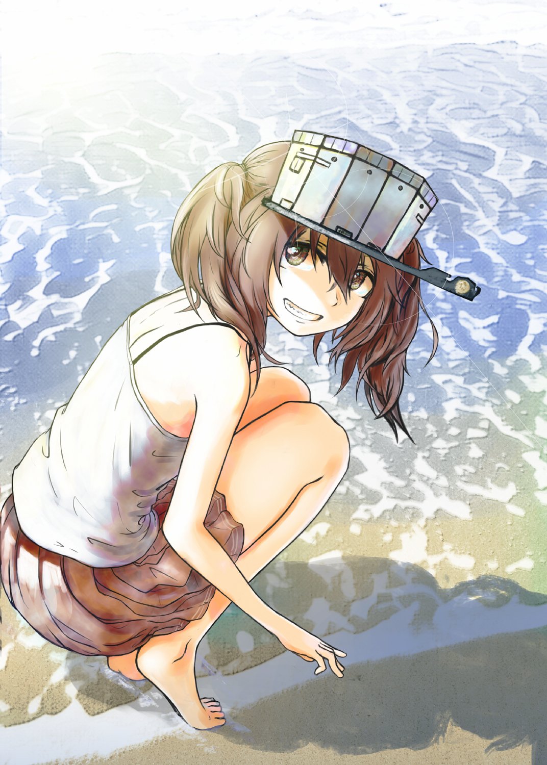 1girl bangs barefoot beach black_skirt brown_hair camisole commentary double_horizontal_stripe from_behind grey_headwear grin hair_between_eyes hair_tie highres kantai_collection lens_flare looking_at_viewer looking_back medium_hair miniskirt nito_(nshtntr) pleated_skirt ryuujou_(kantai_collection) shadow shirt skirt smile solo squatting sunlight twintails visor_cap water white_shirt