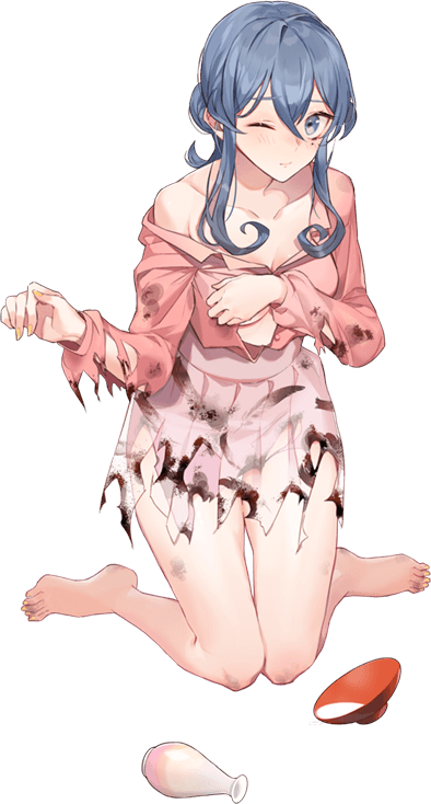 1girl alcohol alternate_costume blue_eyes blue_hair buttons collarbone cup drew_(drew213g) full_body gotland_(kantai_collection) hair_between_eyes jewelry kantai_collection long_hair long_sleeves mole mole_under_eye necklace official_art one_eye_closed pink_shirt pleated_skirt sakazuki sake shirt skirt solo torn_clothes torn_shirt torn_skirt transparent_background white_skirt yellow_footwear